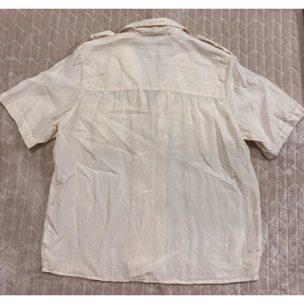 VTG 100% Silk Safari Shirt Sz 12 Cream Short Sleeve Gorpcore Utilitarian Blouse - Picture 11 of 14